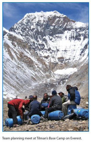 Team planning meet at Tilman’s Base Camp on Everest.