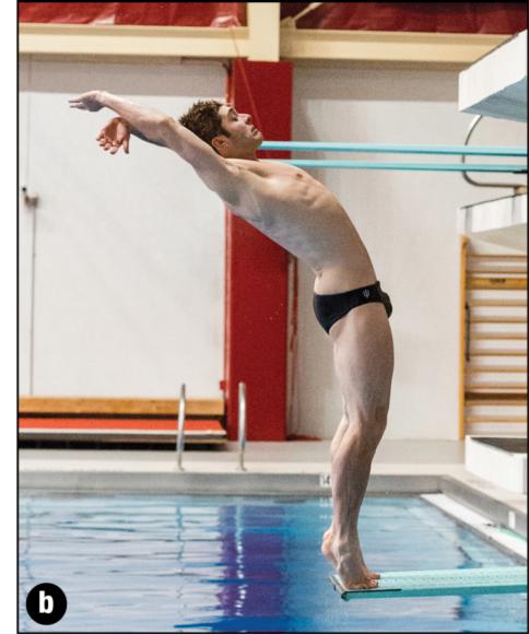 Figure 4.4 The third essential position for () backward and () reverse takeoffs for somersaulting dives: the C position.