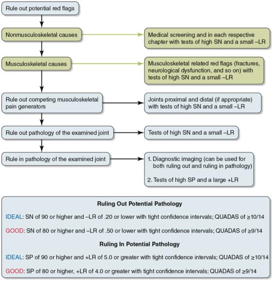 Figure 4.2 Algorithm approach for use of special tests or findings reporting SN and SP. SN = sensitivity; SP = specificity; +LR = positive likelihood ratio; -LR = negative likelihood ratio