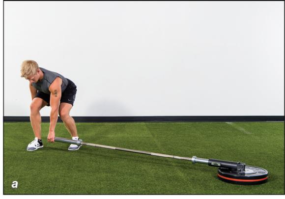 Figure 5.18 Landmine row to punch: grip the barbell; row; () punch; () reposition the feet.