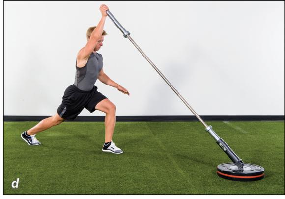 Figure 5.18 Landmine row to punch: grip the barbell; row; () punch; () reposition the feet.