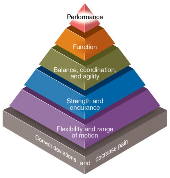 Figure 1.2 Pyramid demonstrating the elements and progression of a rehabilitation program, one parameter advancing from the foundation set by the previous parameter.