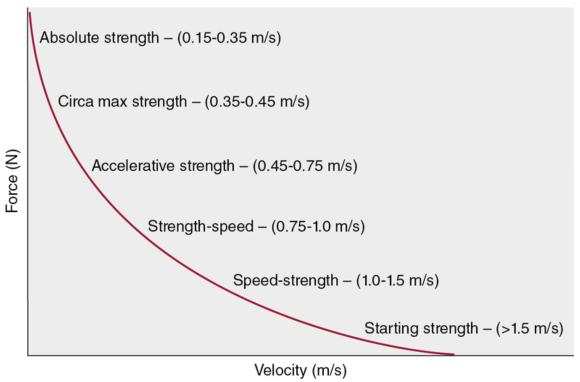 Figure 8.6 Velocity-based training curve illustrating the relationship between specific strength qualities and associated bar velocities during resistance training.