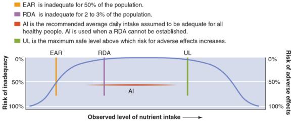 Figure 1.1 Dietary Reference Intakes. The AI or RDA describes the recommended daily amount of a nutrient, while the UL describes the amount not to exceed. Too little or too much of a nutrient can increase the risk of undesirable effects.