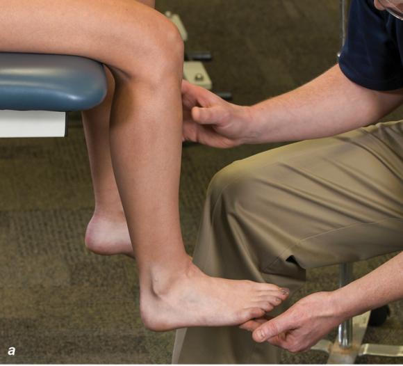 Figure 2.33 Non-weight-bearing short leg cast to immobilize the foot and ankle. Position the foot and ankle in the functional position, which is 0° of dorsiflexion. Measure 4 inches (10 cm) beyond the tibial tubercle and 4 inches (10 cm) beyond the metatarsal heads to determine the amount of stockinette needed. Apply the stockinette, and cut a slit in the stockinette across the front part of the ankle to eliminate any folds. Beginning at the metatarsal heads, roll the cast padding circumferentially from distal to proximal, overlapping by 50% to end at the tibial tubercle. Do not cover the heel at this time. Apply extra padding to protect the malleoli. Cast padding should now be applied to the heel. Starting at the metatarsal heads, begin applying the fiberglass from distal to proximal, overlapping the previous layer by 50%. Initially close in the foot and ankle with fiberglass, followed by the lower leg. Fold down the stockinette and secure the ends of the stockinette with the final layers of fiberglass. Using the palm and heel of your hand, mold the casting material as needed. () Completed non-weight-bearing short leg cast.